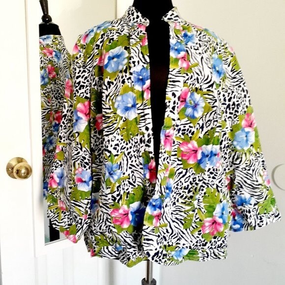 Choices  100% Linen Open Front Floral B&W Zebra Stripes Sleeve Women's Blazer 2X - Picture 5 of 11